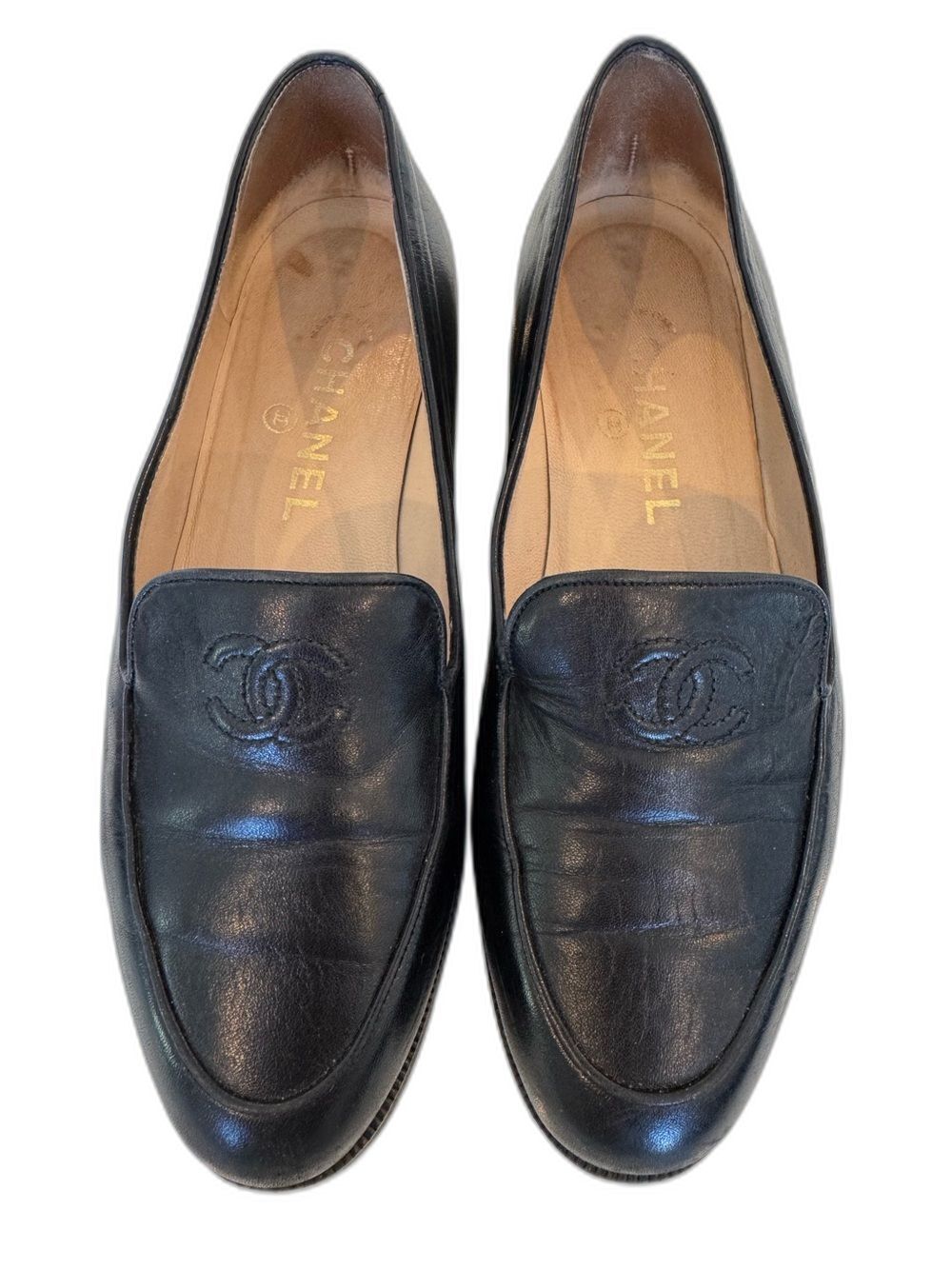 CHANEL Vintage Archival CC Classic Black Leather Loafers Shoes EU 38 Authentic